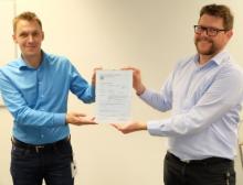 First UKCA certificate for Schmersal: Jörg Eisold (left), Schmersal Group, and Gebhard Bouwer, certifier at Tuv Rheinland UK Ltd