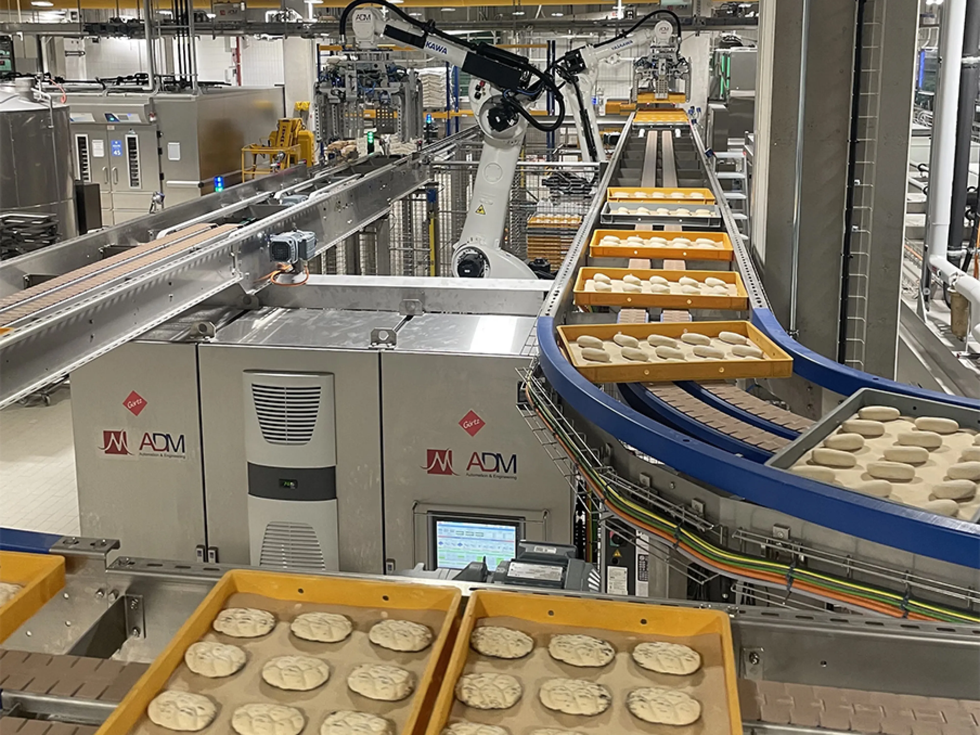 Two of the four Yaskawa Motoman GP180 robots remove the planks from the freezer outlet and place them on a conveyor belt