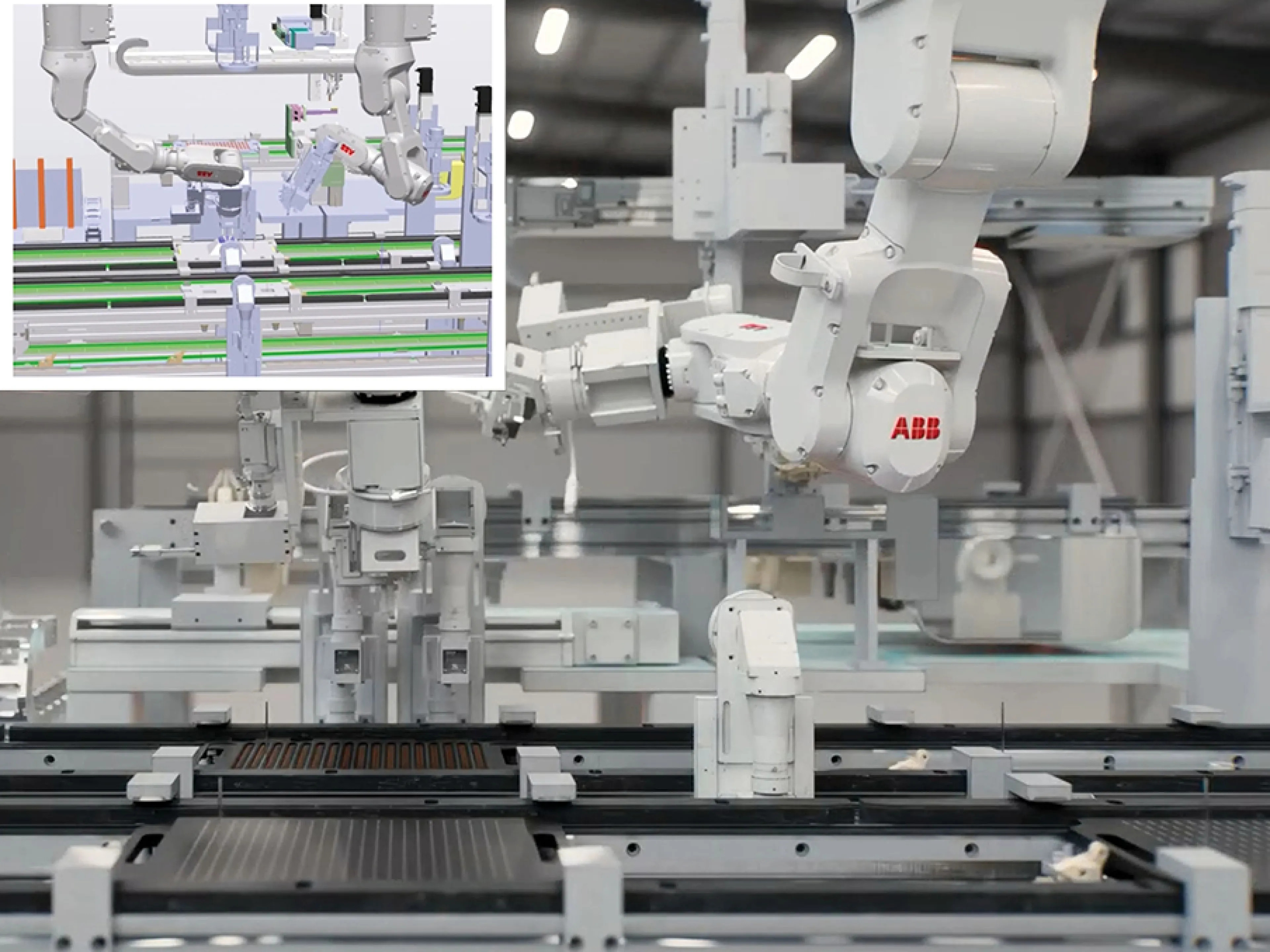 ABB Robotics Simulation in Robotstudio (top left) compared to the new Robotstudio Hyperreality from ABB Robotics