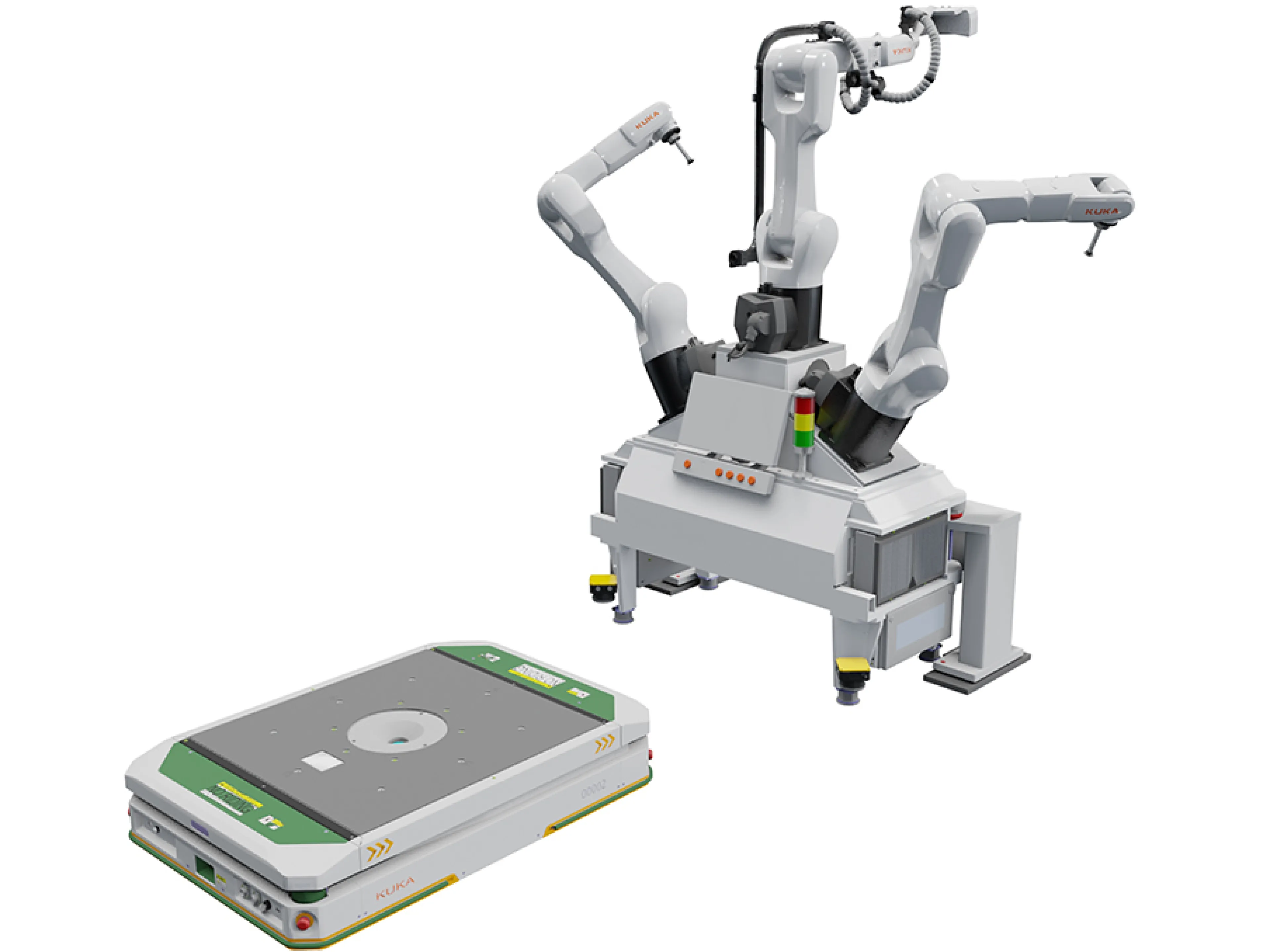 Robotics for packaging processes: Three “KR AGILUS” robots work together during the picking process, similar to a humanoid robot
