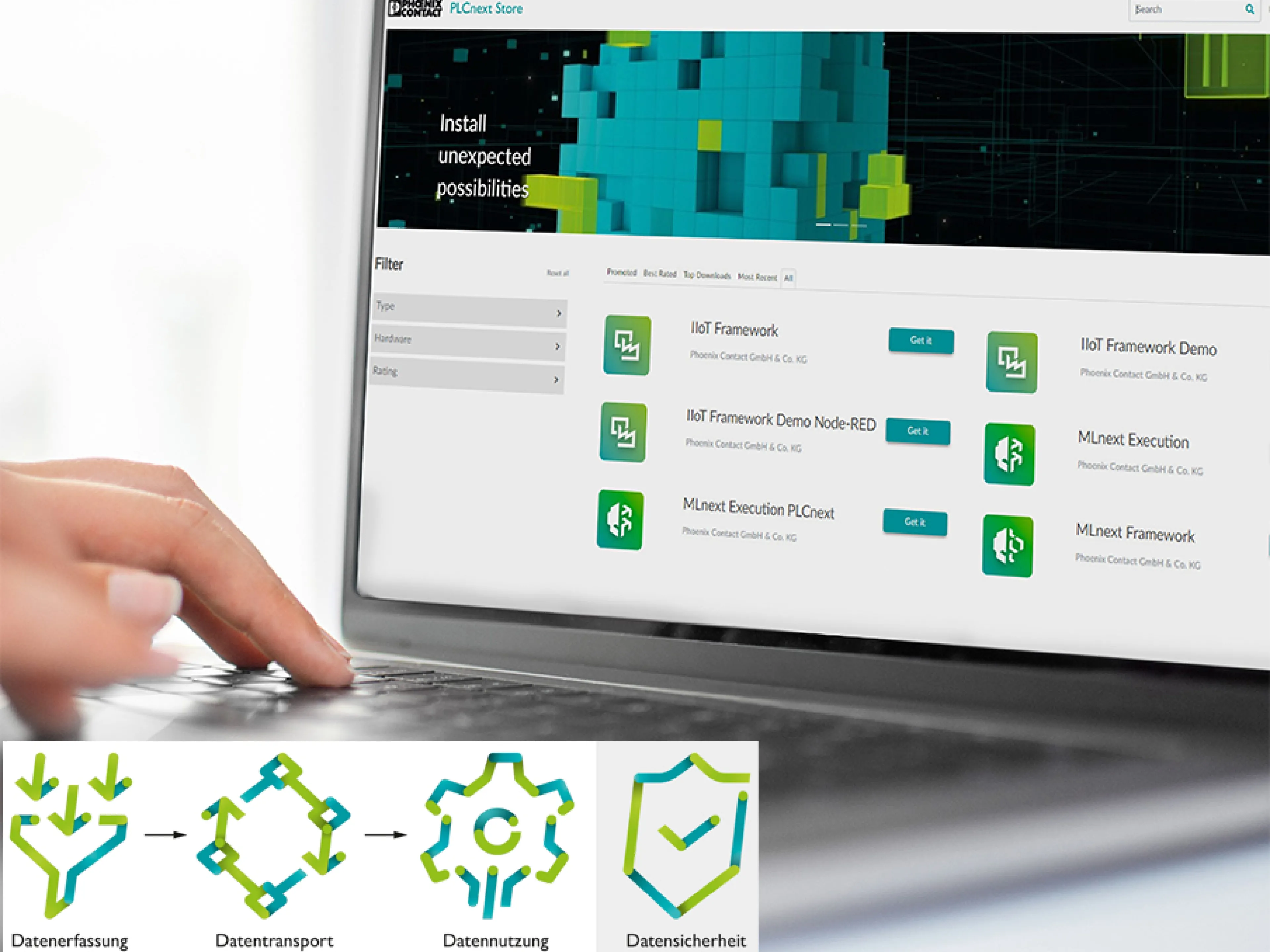The Digital Factory’s smart data flow: from industrial data collection to reliable transmission and intelligent data utilization. Numerous apps are available on the "PLCnext Store" digital marketplace