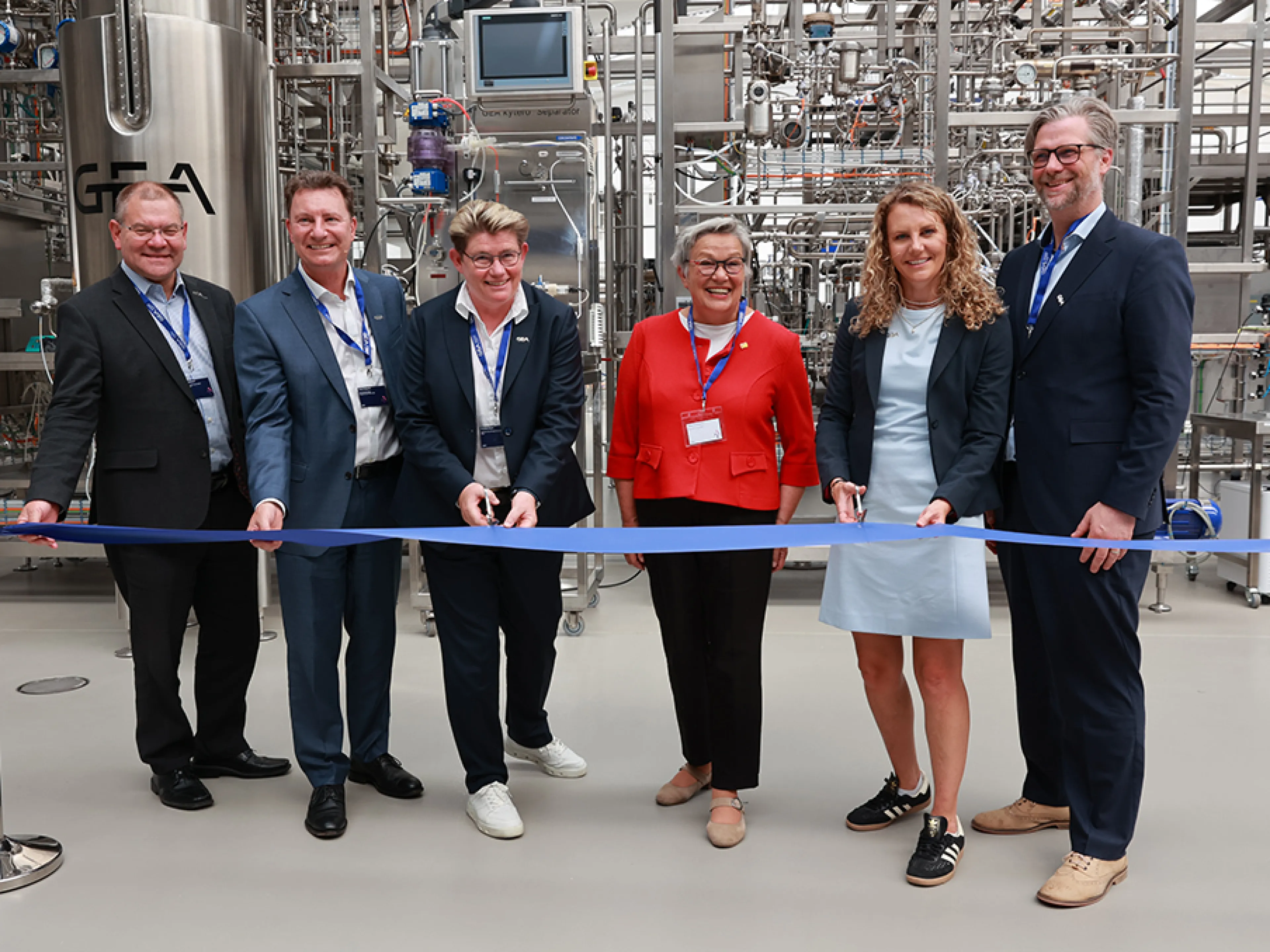 Opening of the new Gea Technology Center for New Food & Biotech in Sarstedt, from left to right: Jens Neidhardt, VP of Gea Liquid Technologies; Klaus Stojentin, CEO of Gea’s Nutrition Plant Engineering Division; Kristina Böe, Senior VP of Processing Technology; Heike Brennecke, Mayor of Sarstedt; Frederieke Reiners, VP of New Food & Biotech; and Reimar Gutte, Senior VP of EMEA, Nutrition Plant Engineering. Photo: Gea/Sommer & Co