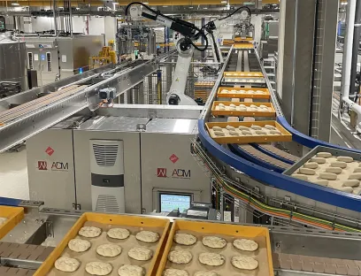 Two of the four Yaskawa Motoman GP180 robots remove the planks from the freezer outlet and place them on a conveyor belt