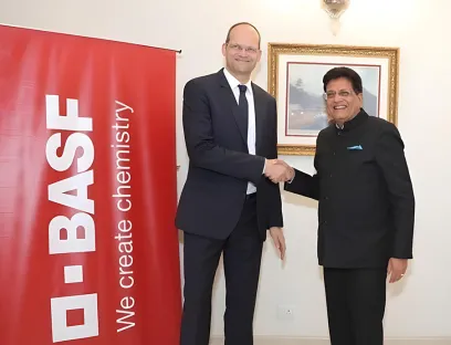 f.l.t.r.: Dr. Dirk Elvermann, CFO and Chief Digital Officer at BASF, with Indian Minister of Commerce and Industry Piyush Goyal at a meeting in New Delhi at the end of January 2026