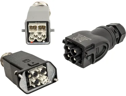 Space-saving, high-performance connector solutions: “Han 4 HPR” (bottom left), “Han 4B” (top center), and “Han-Eco Mod. 4” (right)