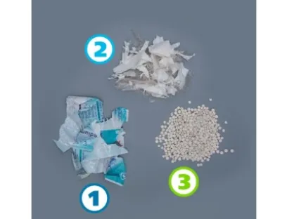 1) heavily printed film before the deinking process, 2) Film after the deinking process, 3) Regranulate after the extrusion process