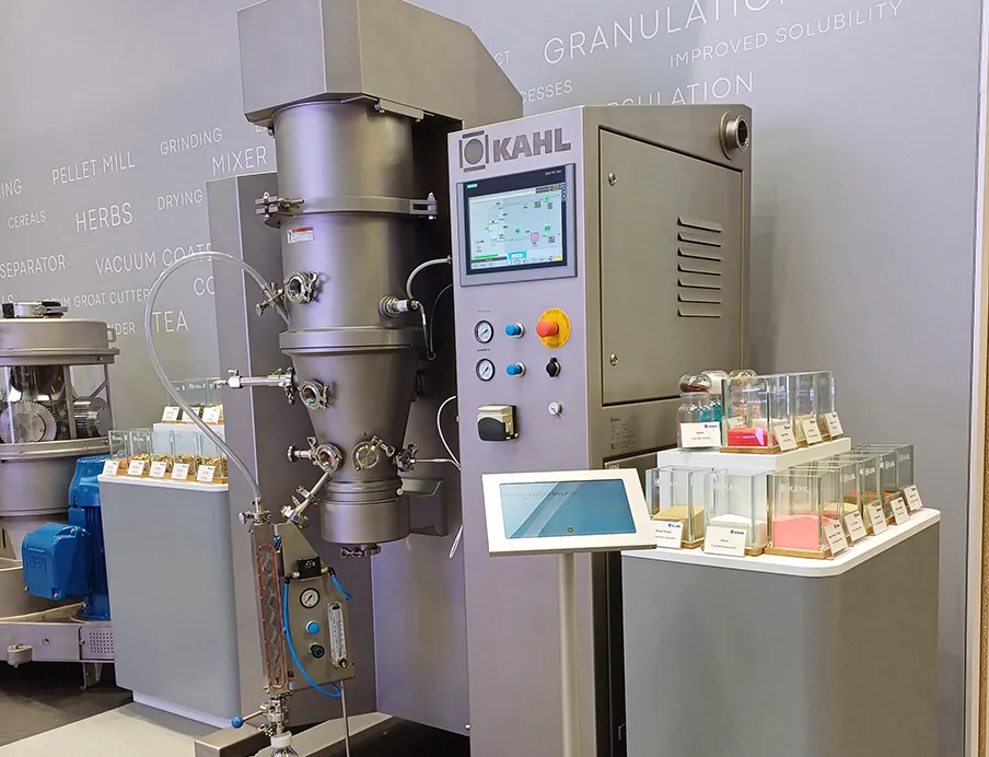 The fluidized bed plant is suitable for drying, agglomeration, spray granulation, microencapsulation, or coating of powders, granules, or pellets, Photo: Amandus Kahl Fluid bed technology: The fluidized bed plant is suitable for drying, agglomeration, spray granulation, microencapsulation, or coating of powders, granules, or pellets