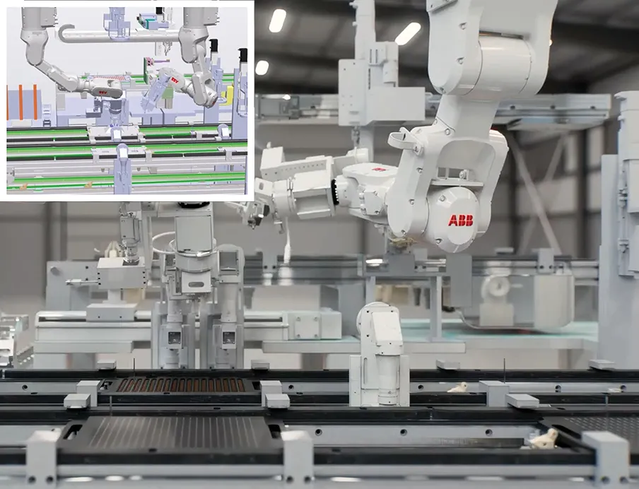 ABB Robotics Simulation in Robotstudio (top left) compared to the new Robotstudio Hyperreality from ABB Robotics