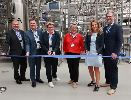 Opening of the new Gea Technology Center for New Food & Biotech in Sarstedt, from left to right: Jens Neidhardt, VP of Gea Liquid Technologies; Klaus Stojentin, CEO of Gea’s Nutrition Plant Engineering Division; Kristina Böe, Senior VP of Processing Technology; Heike Brennecke, Mayor of Sarstedt; Frederieke Reiners, VP of New Food & Biotech; and Reimar Gutte, Senior VP of EMEA, Nutrition Plant Engineering. Photo: Gea/Sommer & Co